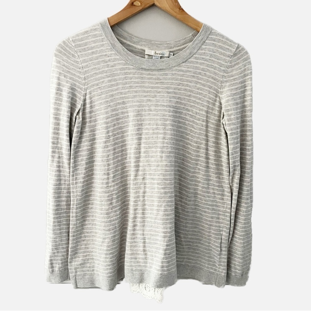 Boden Serena Gray Striped Split-Back Lace Embroidered Pullover Sweater Small